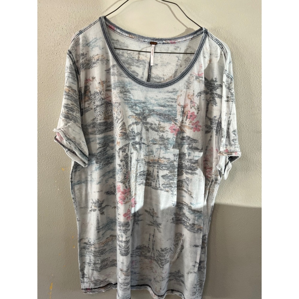 FREE PEOPLE Tropical Palm Print Tee Womens L White Boho Oversized T-Shirt